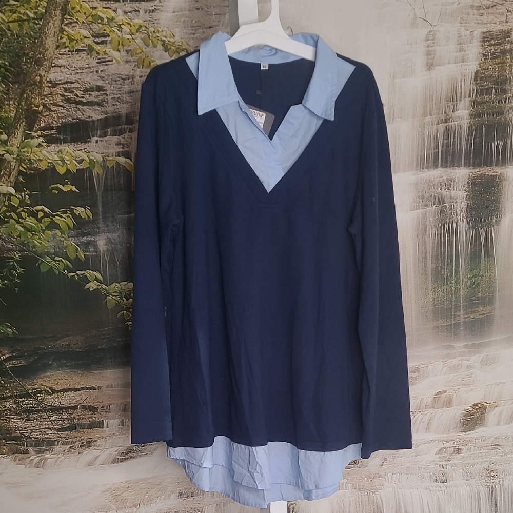 New with tags! Fashion Womens XL blue long sleeve faux sweater shirt with collar